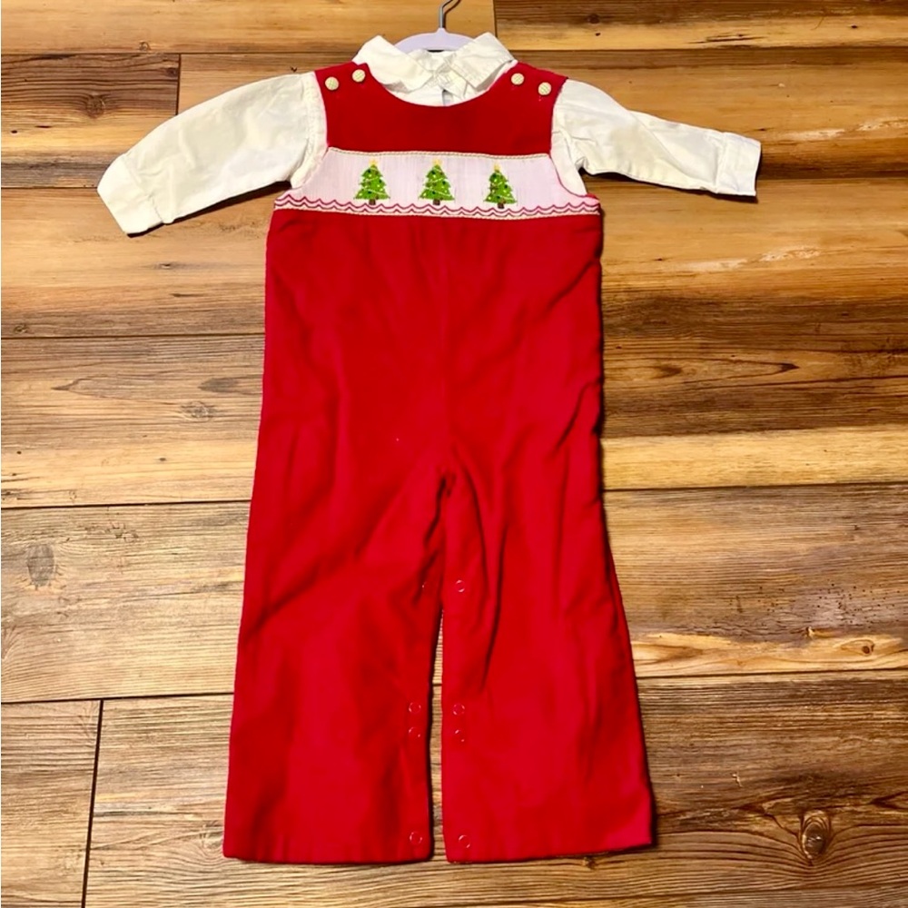 12 month red corduroy Christmas tree Stelly Belly Jon Jon w/Nanette white shirt